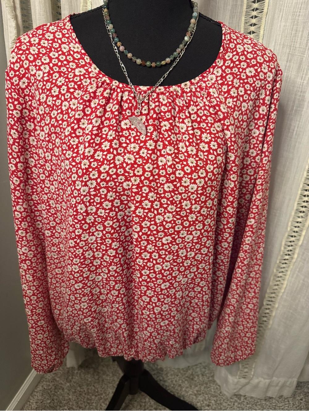 Tommy Hilfiger Red Floral Long-Sleeve Peasant Top
